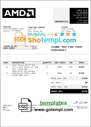 USA AMD invoice template in Word and PDF format, fully editable