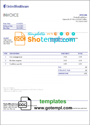 USA United Health Care invoice template in Word and PDF format, fully editable