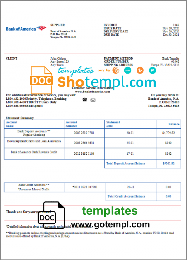 USA Bank of America invoice template in Word and PDF format, fully editable