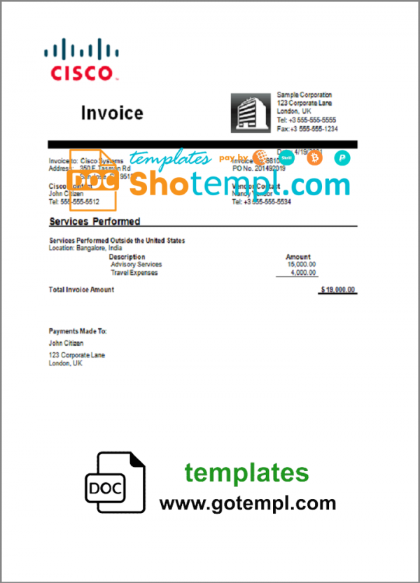 USA Cisco invoice template in Word and PDF format, fully editable