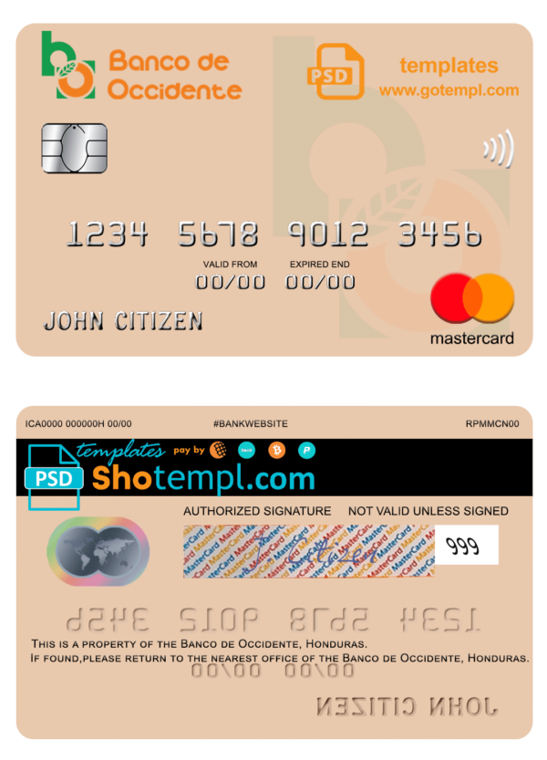 Honduras Banco de Occidente mastercard credit card fully editable template in PSD format