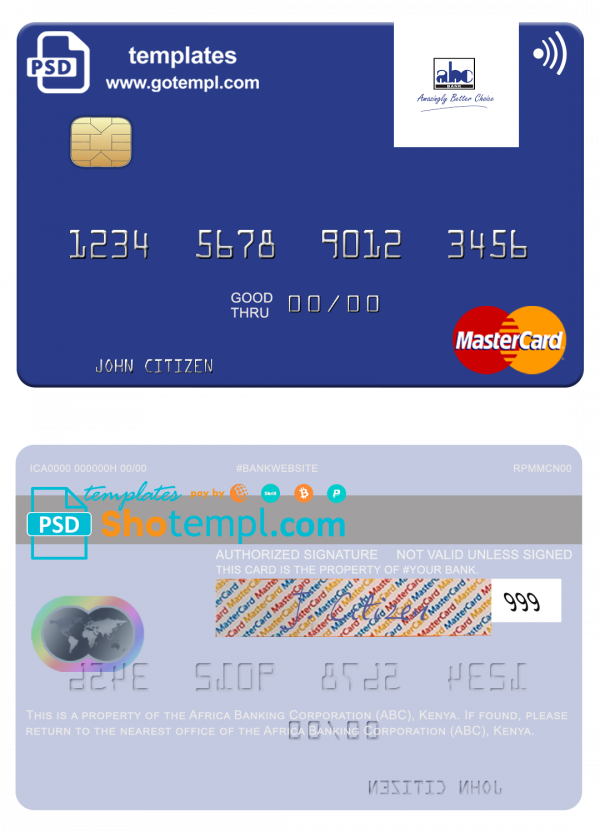 Africa Banking Corporation (ABC) Kenya mastercard fully editable template in PSD format