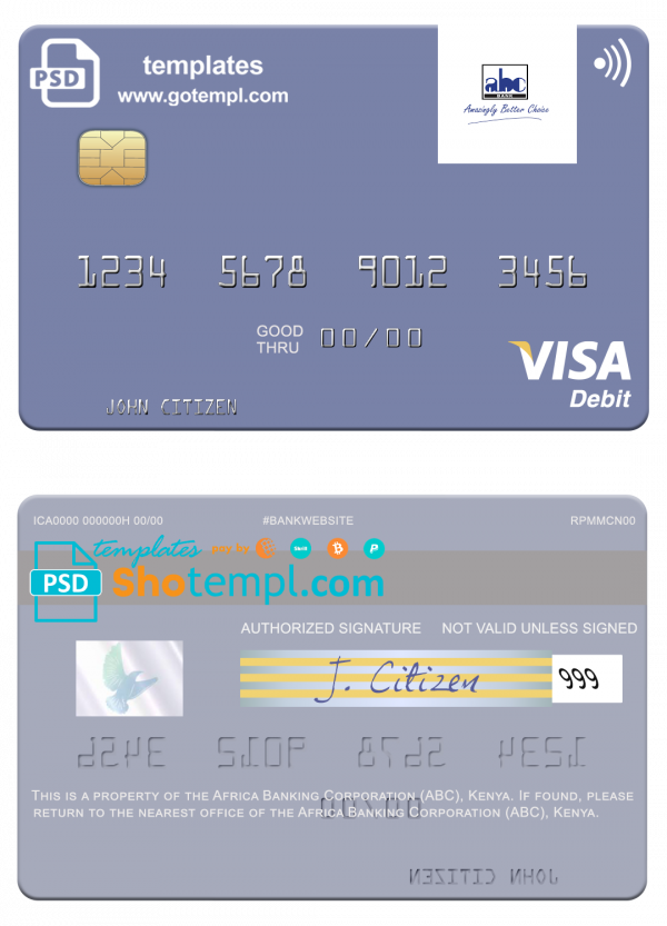 Africa Banking Corporation (ABC) Kenya visa card fully editable template in PSD format