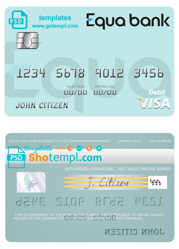 Czech Equa Bank visa debit card template in PSD format
