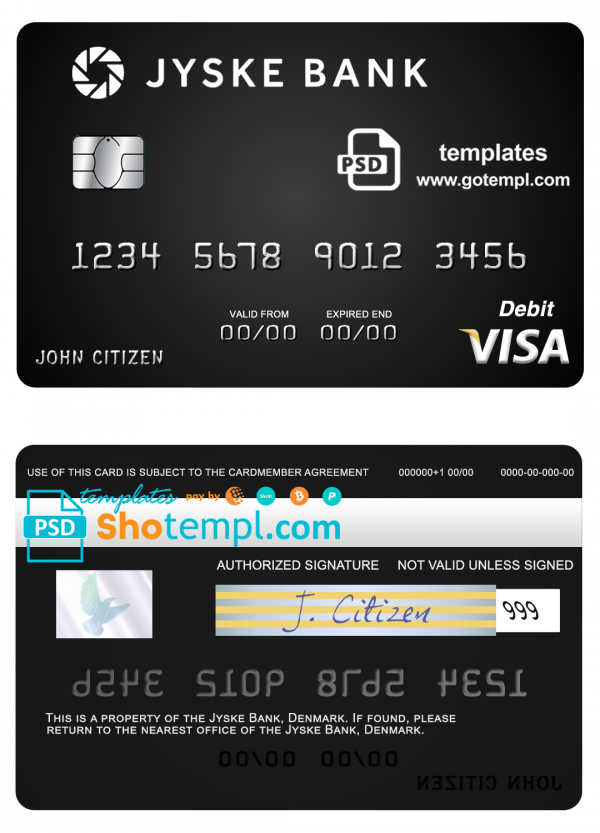 Denmark Jyske Bank visa debit card template in PSD format