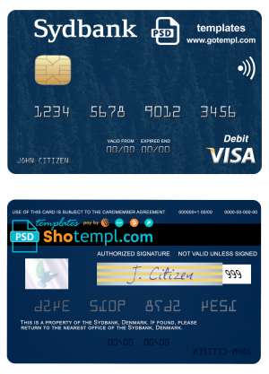Denmark Sydbank visa debit card template in PSD format