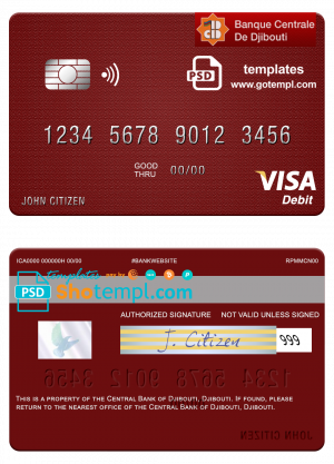 Djibouti Central Bank of Djibouti visa debit card template in PSD format