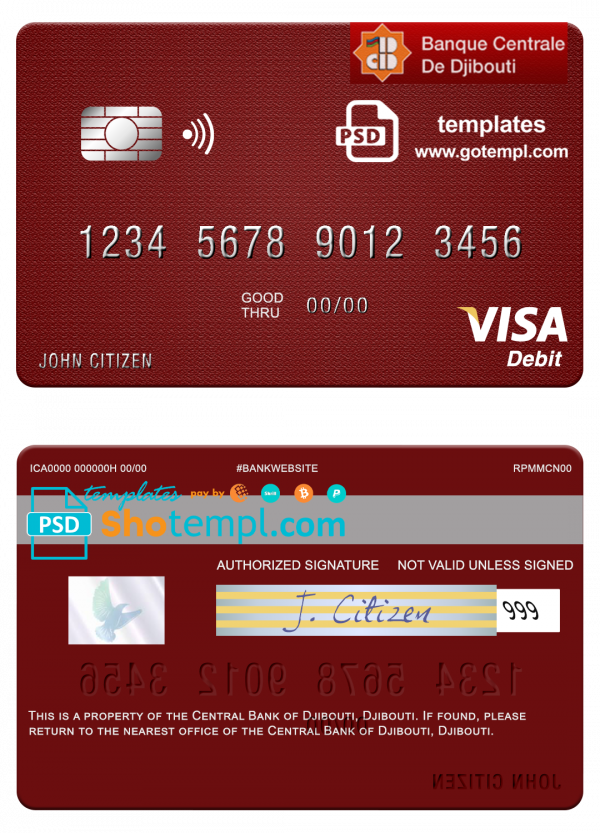 Djibouti Central Bank of Djibouti visa debit card template in PSD format
