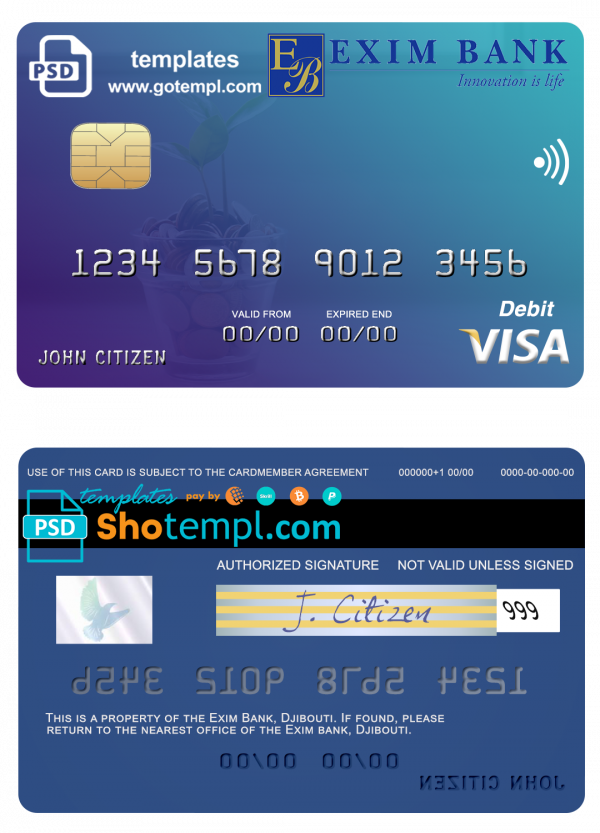 Djibouti Exim Bank visa debit card template in PSD format