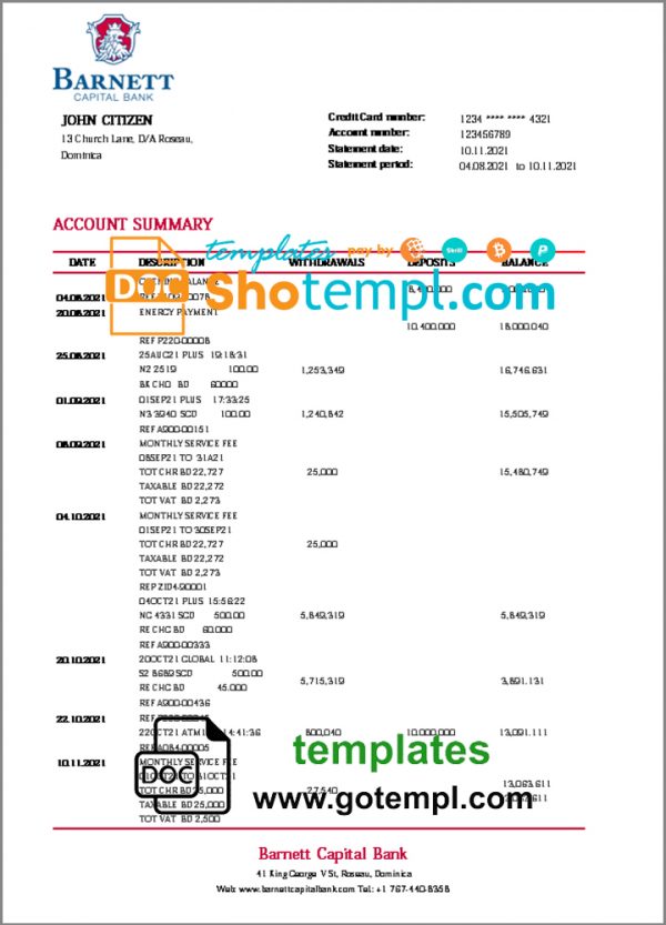 Dominica Barnett Capital bank statement template in Word and PDF format