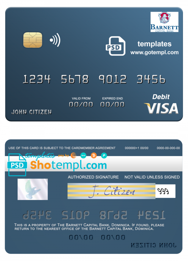 Dominica Barnett Capital Bank visa debit card template in PSD format