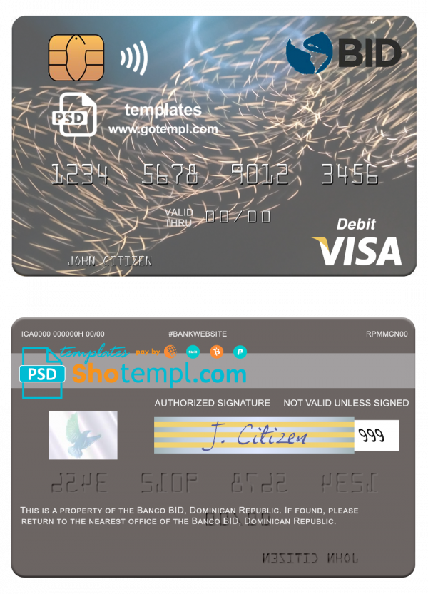 Dominican Republic Banco BID visa debit card template in PSD format