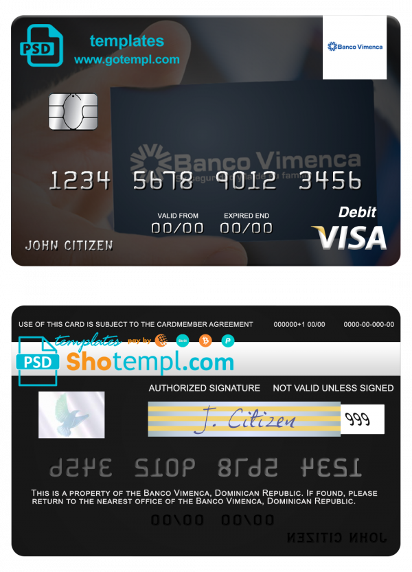 Dominican Republic Banco Vimecan visa debit card template in PSD format