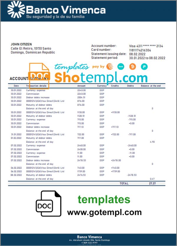 Dominican Republic Banco Vimenca proof of address bank statement template in Word and PDF format