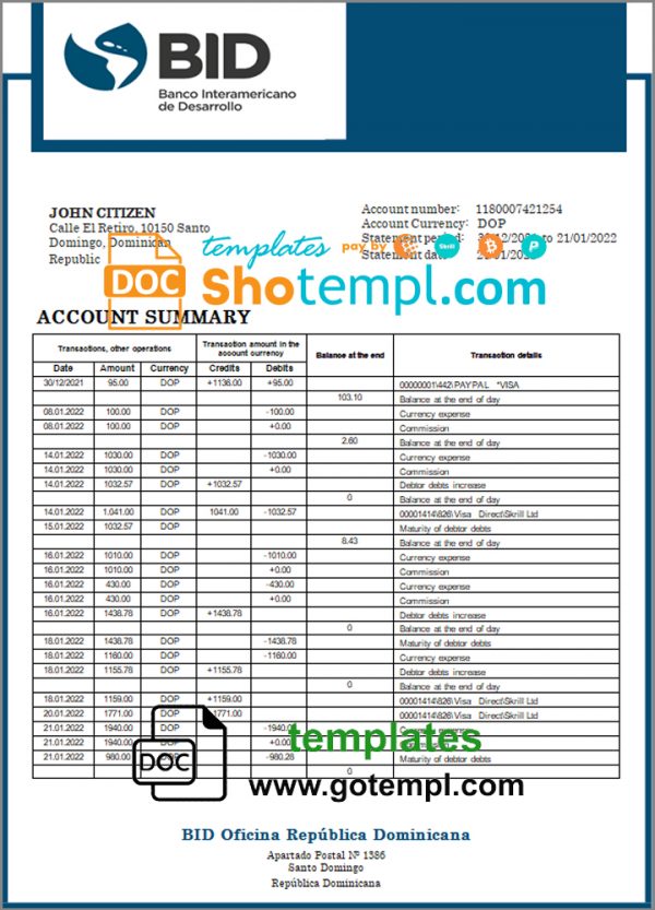 Dominican Republic Bid proof of address bank statement template in Word and PDF format