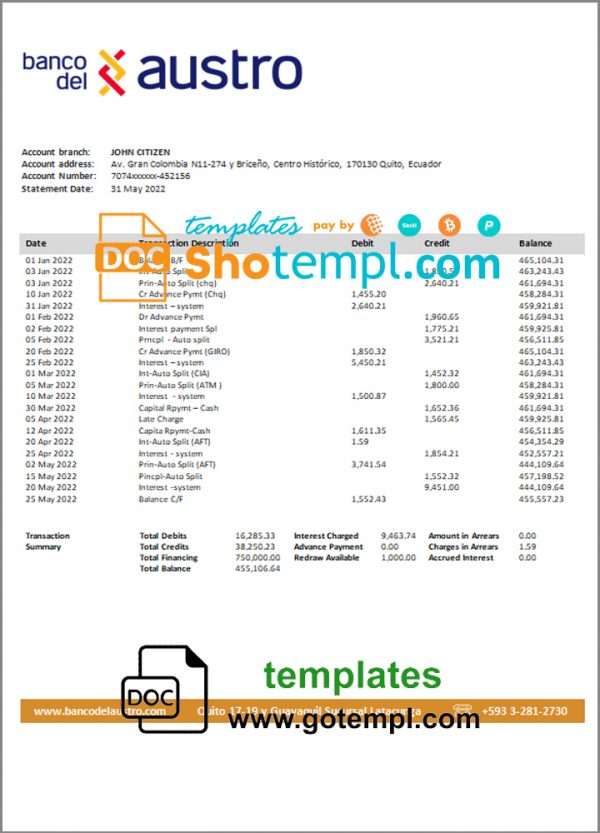 Ecuador Banco del Austro proof of address bank statement template in Word and PDF format