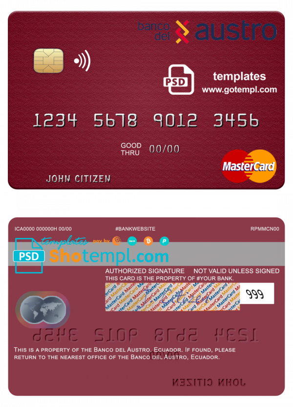 Ecuador Banco del Austro mastercard template in PSD format