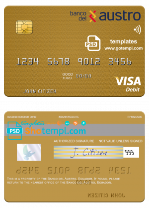 Ecuador Banco del Austro visa debit card mastercard template in PSD format