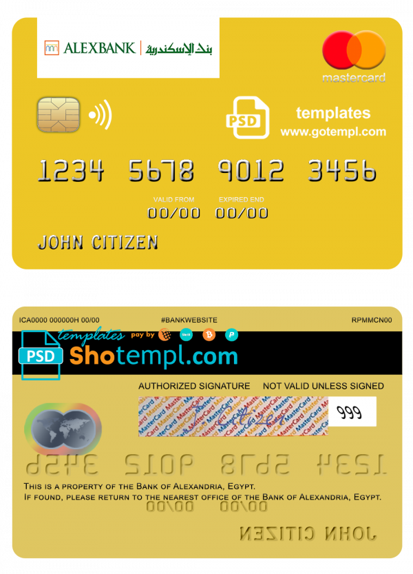 Egypt Bank of Alexandria mastercard template in PSD format