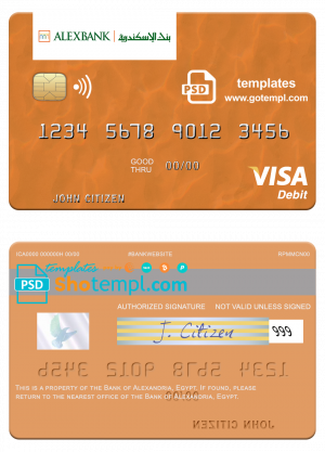 Egypt Bank of Alexandria visa debit card template in PSD format