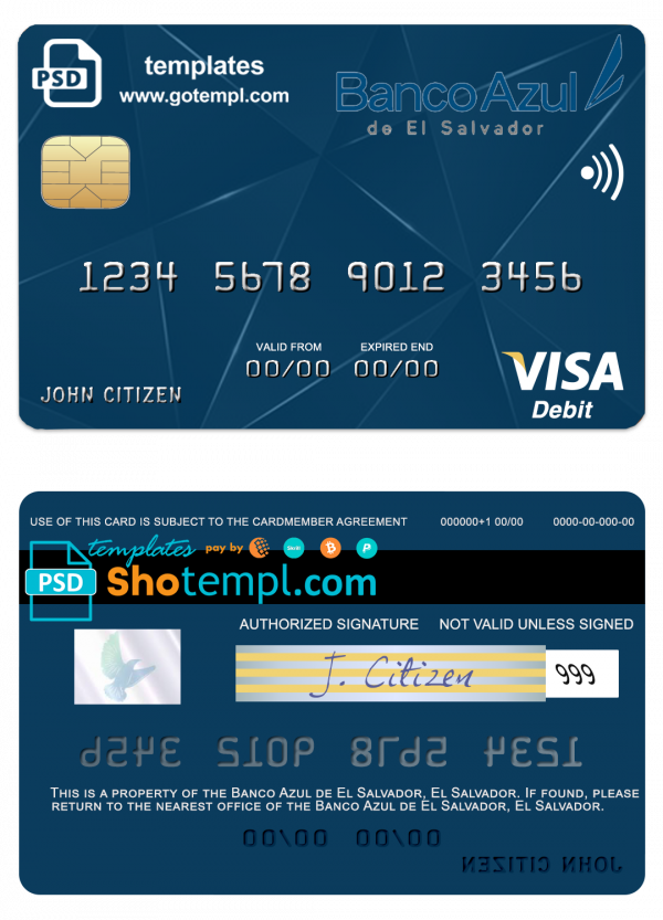 El Salvador Banco Azul de El Salvador visa debit card template in PSD format