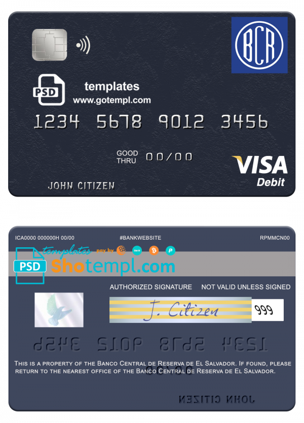 El Salvador Banco Central de Reserva de El Salvador visa debit card template in PSD format