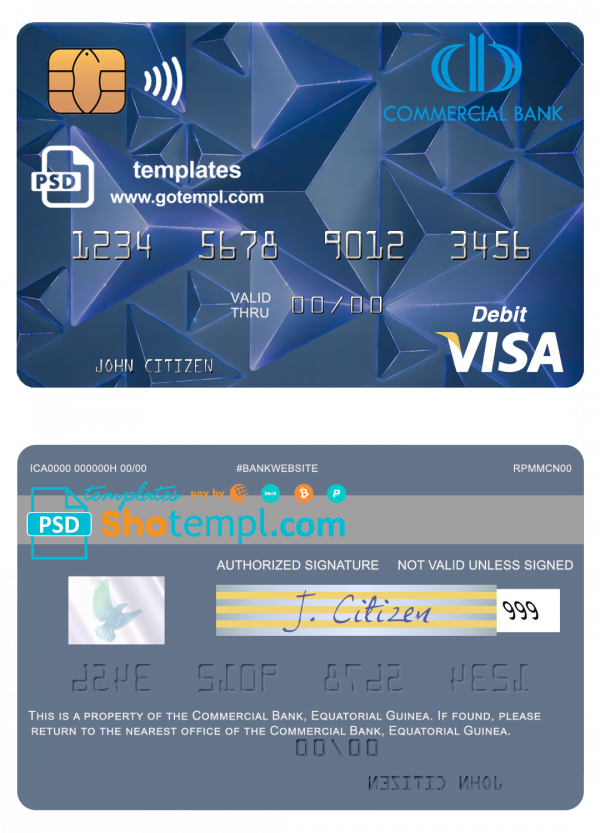Equatorial Guinea Commerical bank Guinee Equatoriale visa debit card template in PSD format