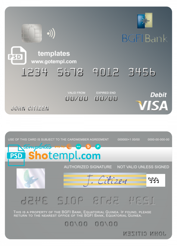 Equatorial Guinea BGFI Bank visa debit card template in PSD format