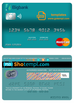 Estonia Bigbank mastercard credit card template in PSD format