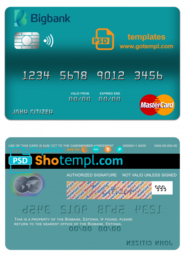 Estonia Bigbank mastercard credit card template in PSD format