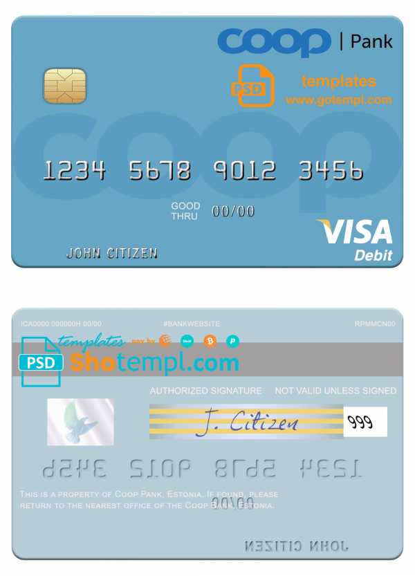 Estonia Coop Pank visa debit credit card template in PSD format