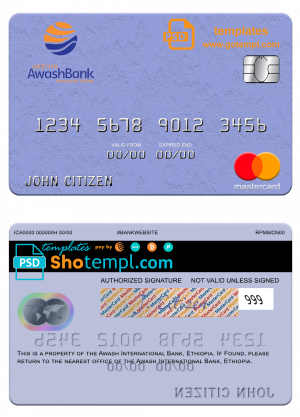 Ethiopia Awash International Bank mastercard credit card template in PSD format