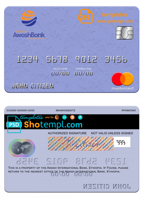 Ethiopia Awash International Bank mastercard credit card template in PSD format