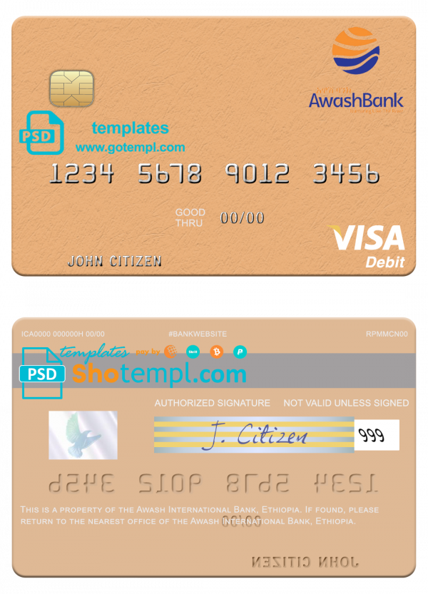Ethiopia Awash International Bank visa debit card template in PSD format