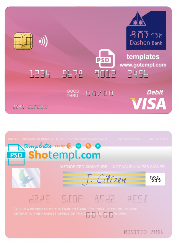 Ethiopia Dashen Bank visa debit credit card template in PSD format