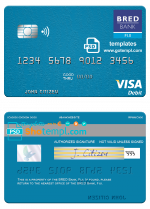Fiji BRED Bank visa debit credit card template in PSD format