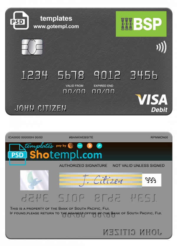 Fiji Bank of South Pacific visa debit card template in PSD format