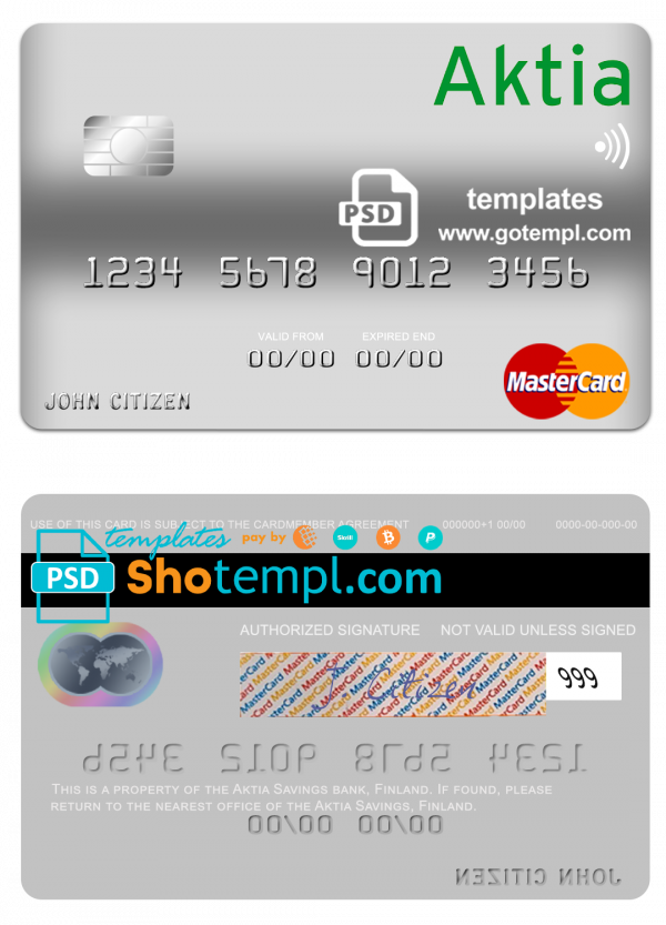 Finland Aktia Savings Bank mastercard credit card template in PSD format