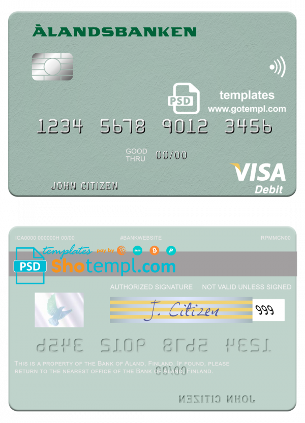 Finland Bank of Aland visa debit credit card template in PSD format