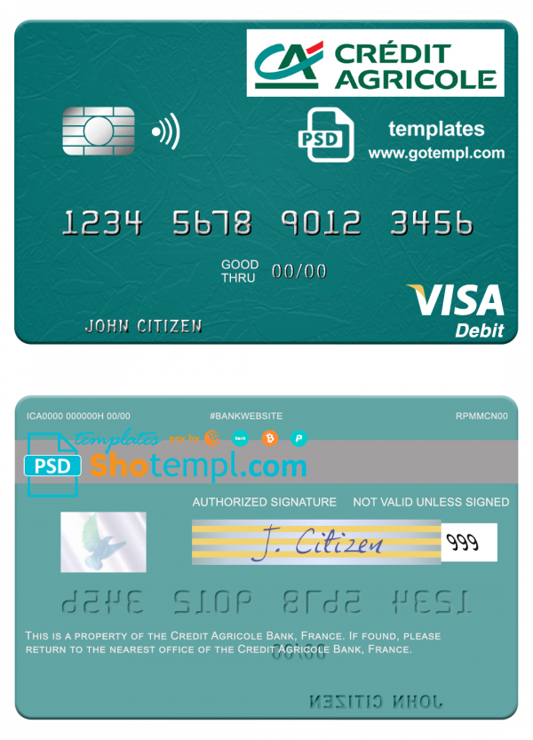 France Credit Agricole Bank visa debit card template in PSD format