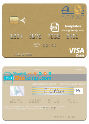 Gabon Alios France visa debit card template in PSD format