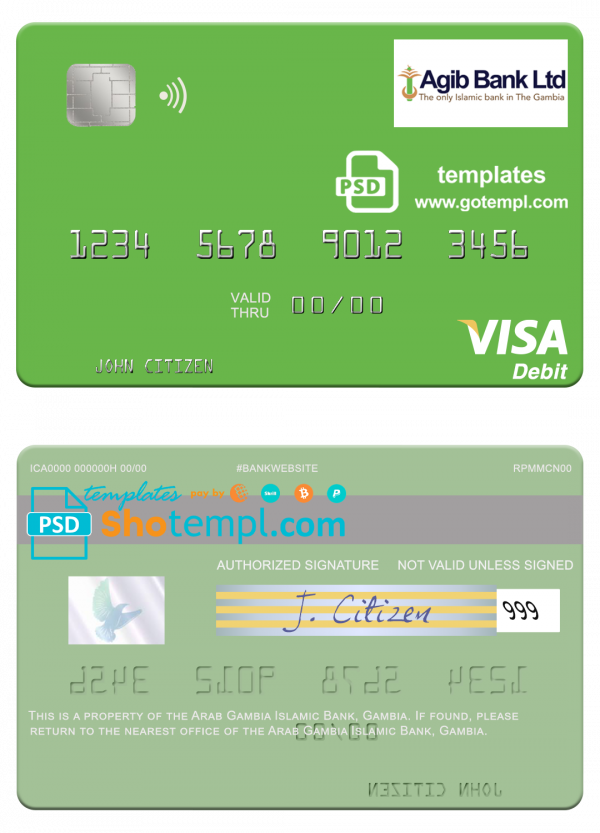 Gambia Arab Gambia Islamic Bank visa debit card template in PSD format