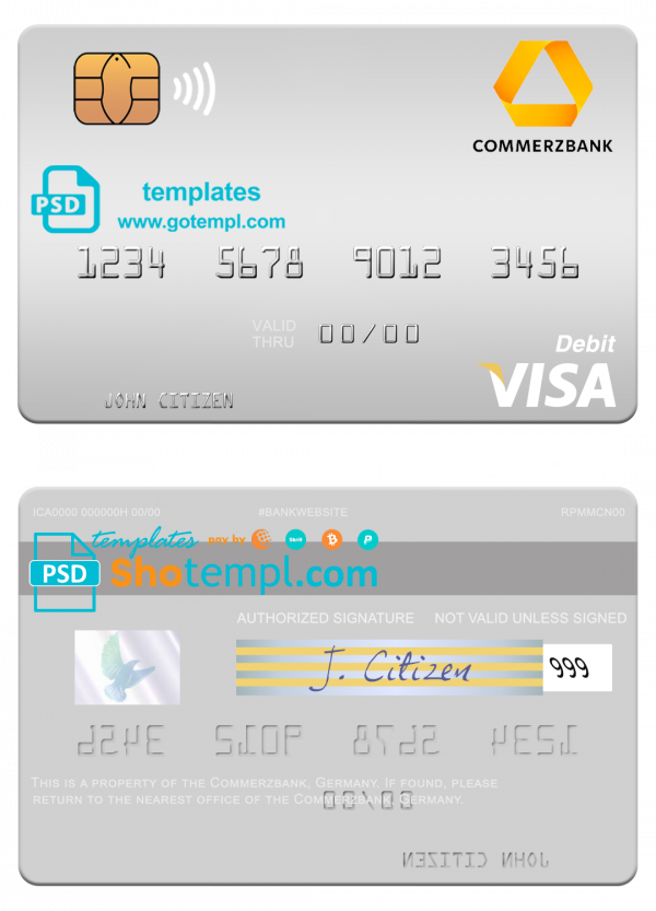 Germany Commerz Bank visa debit card template in PSD format