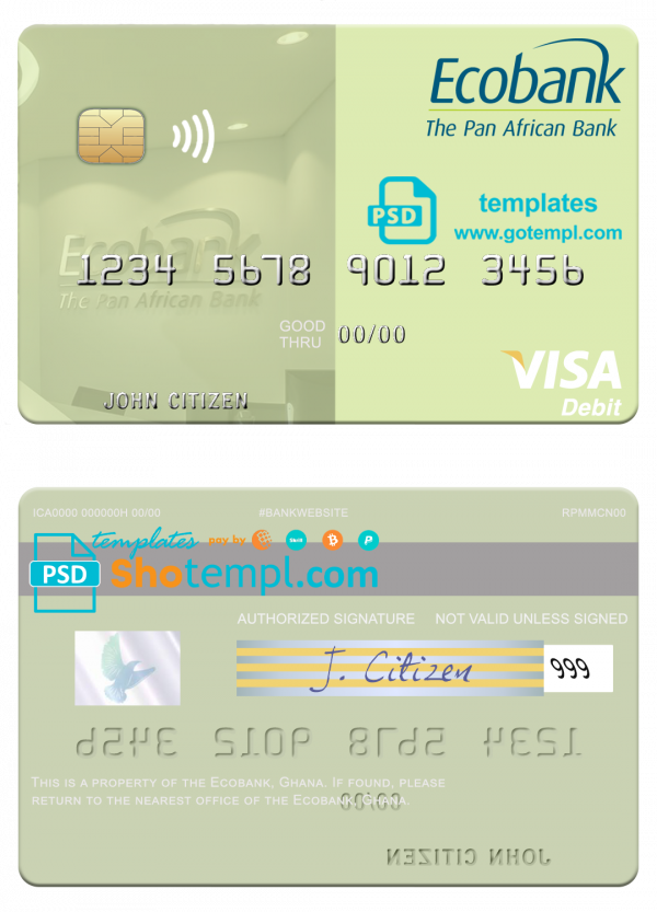 Ghana Ecobank Ghana visa debit card template in PSD format