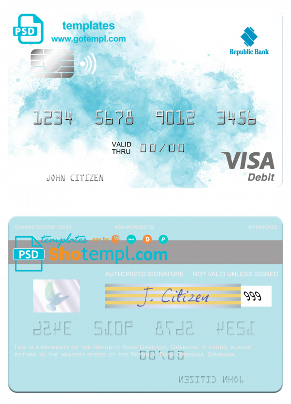 Grenada Republic Bank visa card fully editable template in PSD format