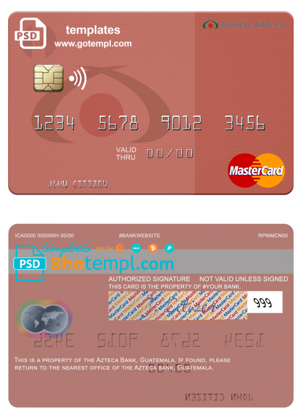Guatemala Azteca Bank mastercard fully editable template in PSD format