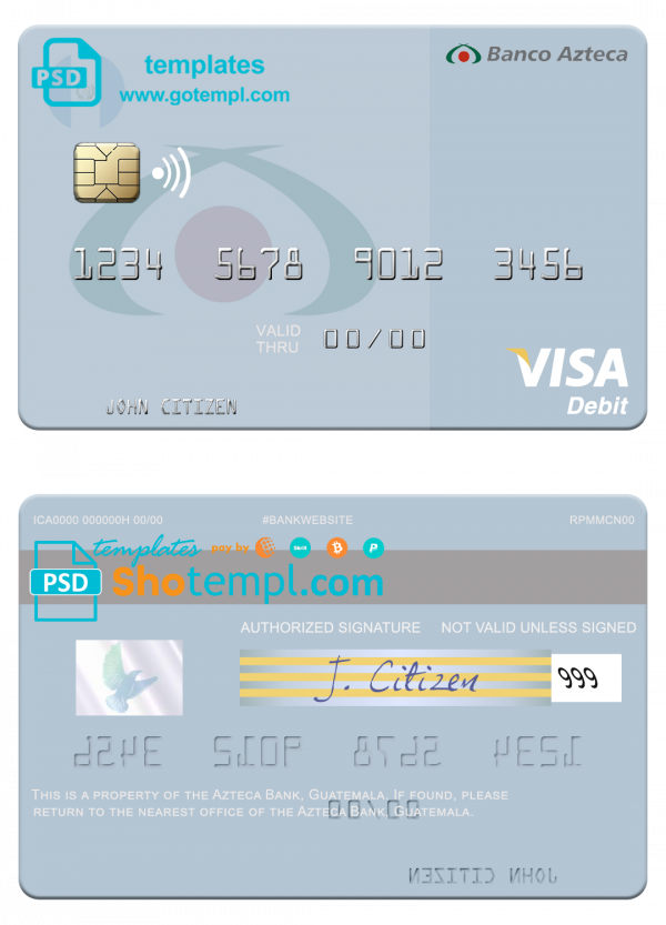 Guatemala Azteca Bank visa card fully editable template in PSD format