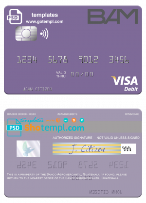 Guatemala Banco Agromercantil visa card fully editable template in PSD format
