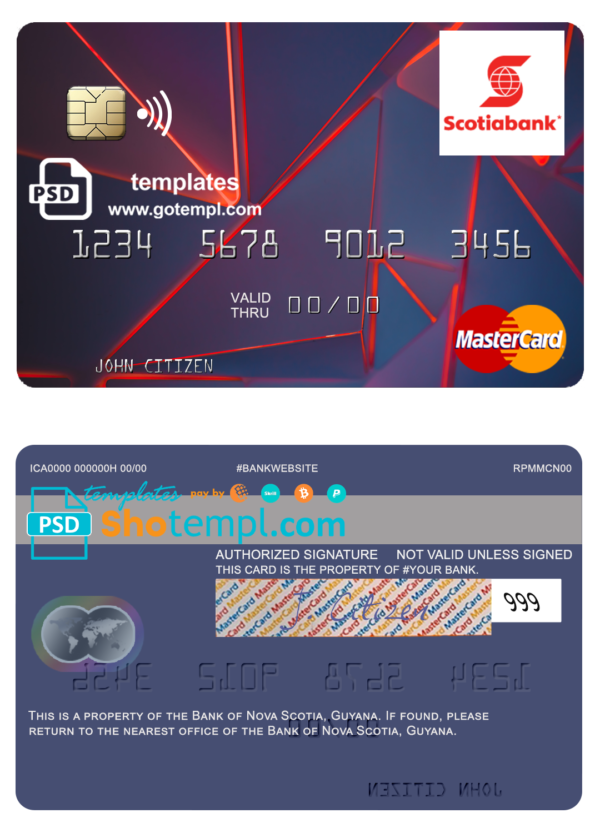Guyana Bank of Nova Scotia mastercard credit card fully editable template in PSD format