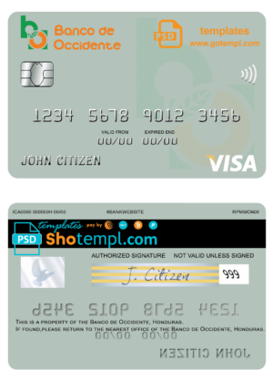 Honduras Banco de Occidente visa card fully editable template in PSD format